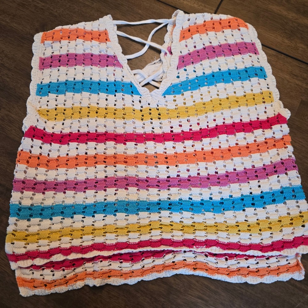 Fate Womens Multi Color Striped Cotton Knit Lace Up Back Tassel Tank Top Medium